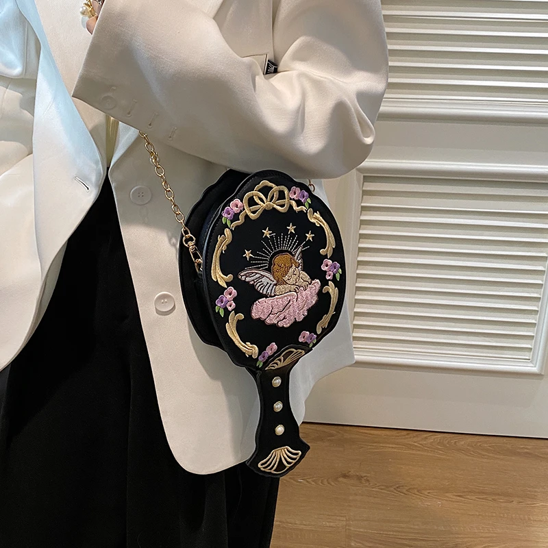 New Cute Angel Embroidered Mirror Bag Women's Korean Edition High end Fashion Shoulder Bag Trendy Women's Bag