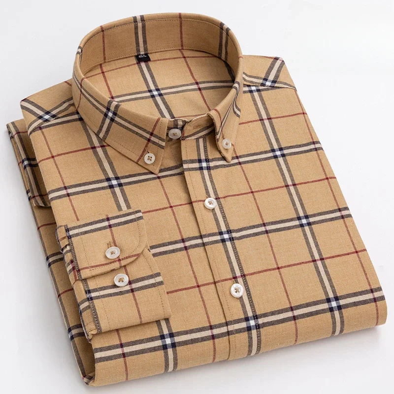 Hight qulity 100%cotton sanding plaid long-sleeve shirts for men slim fit casual plain shirt soft elegant single pocket clothes