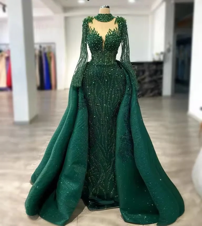 

Gala Attire Emerald Green A Line Beaded Luxury Dubai Long Evening Dress For Woman Wedding Party Detachable Train ﻿Customized