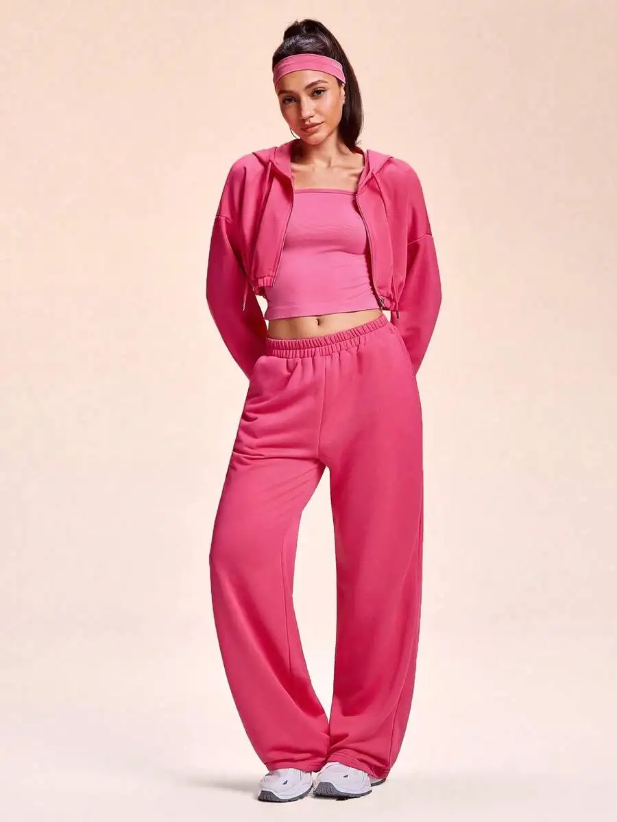 

Women Pink Hooded Zip-Up Cropped Sweatshirt And Straight Pocket Pants 2 Piece Casual Sports Set