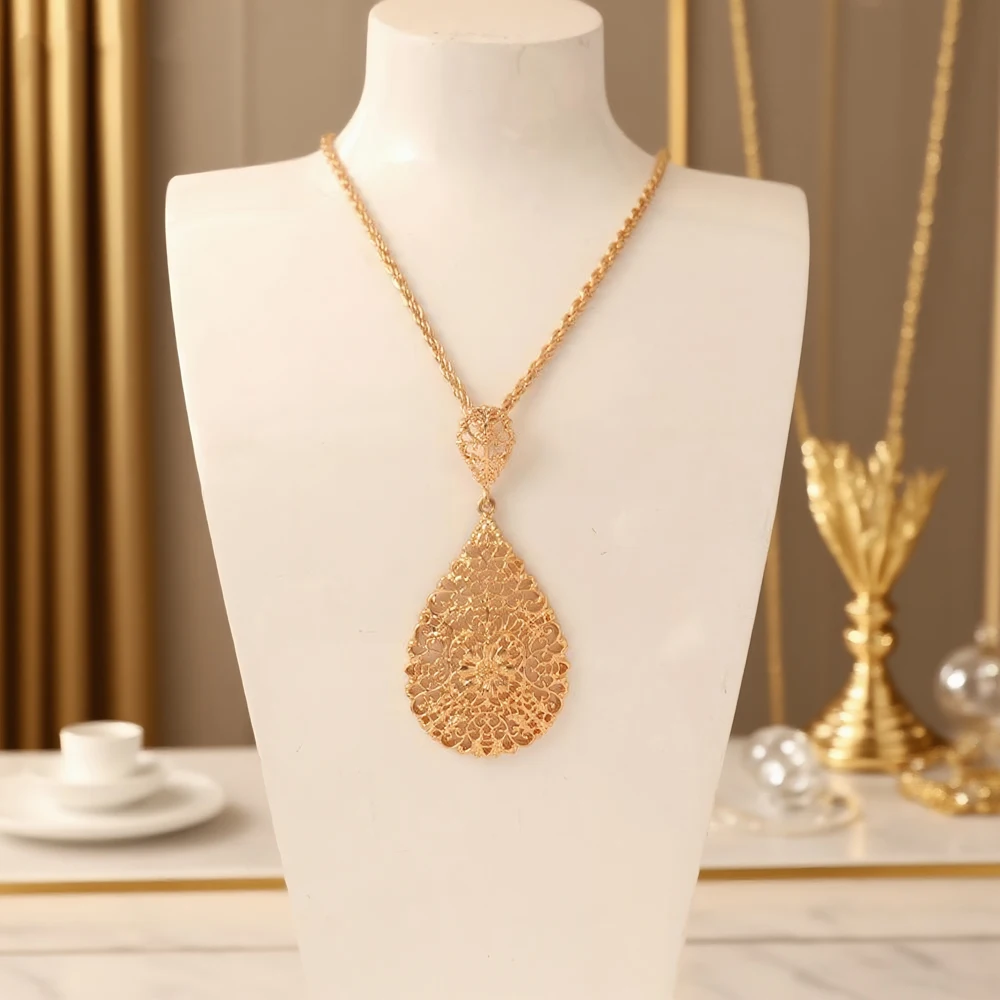 Women's Gold Plated Water Drop Pendant Necklace Moroccan Bridal Middle East Festival Wedding Jewelry