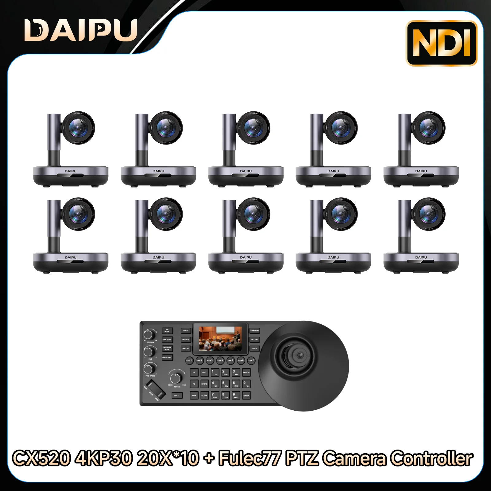 

DAIPU 1-10PCS CX520 NDI PTZ Camera 4K 30fps 20X Optical Zoom+Fulec77 NDI PTZ Camera Controller, for Church Live Streaming Events