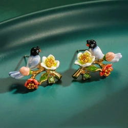 Popular New Handmade Blue Enamel Bird Pendant Fancy Birthday Gift Statement Jewelry Set Cute 3D Sparrow Beautiful Flower Necklac