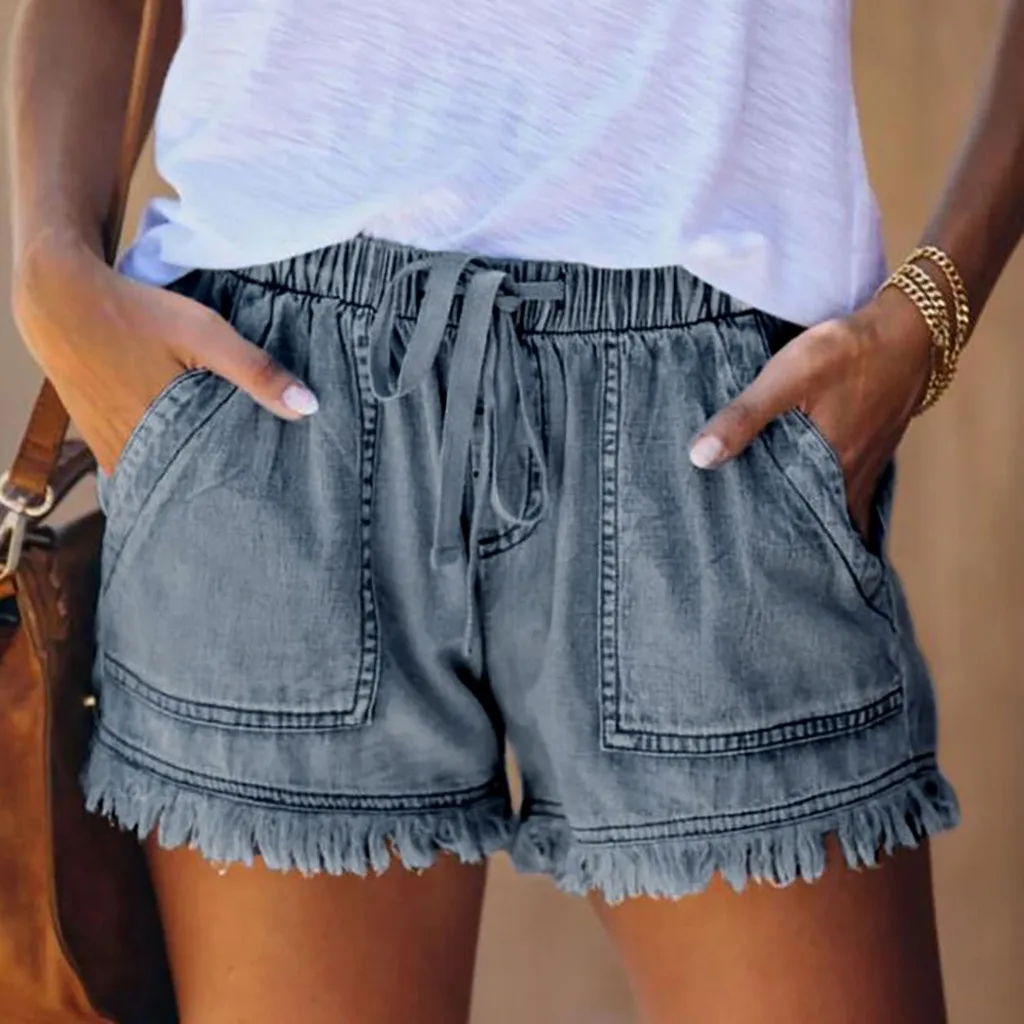 Women\'s Washed Denim Shorts Casual Drawstring Elastic Waist Frayed Hem Loose Short Jeans Tassel Bottom Clothing Pocket Pants