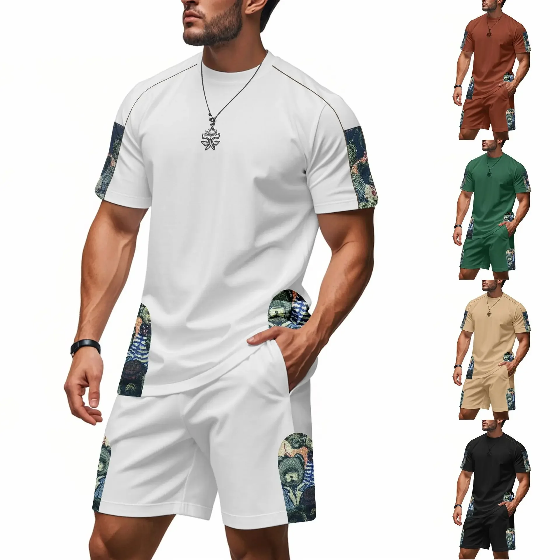 Men's Fashion Sports Casual American High Street Hip Hop Loose and Breathable Bear Round Neck Short Sleeve Shorts Set