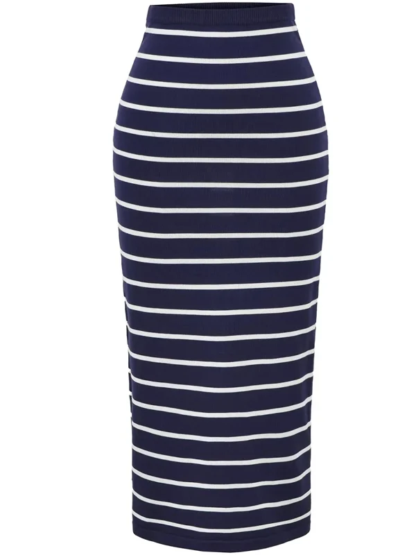 American Sle taille haute tricoté f jupe femmes coupe ajustée taille élastique couleur Blo rayé jupe décontracté Polyester mélange