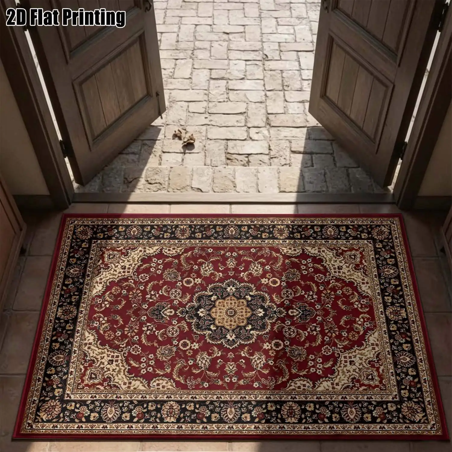 1Pc 2D Printed Retro Red Floral Pattern Carpet, European Style, Machine Washable, Multi-Size for Home Decoration, Suitable for Living Room, Bedroom, Dining Room, Entrance, Study