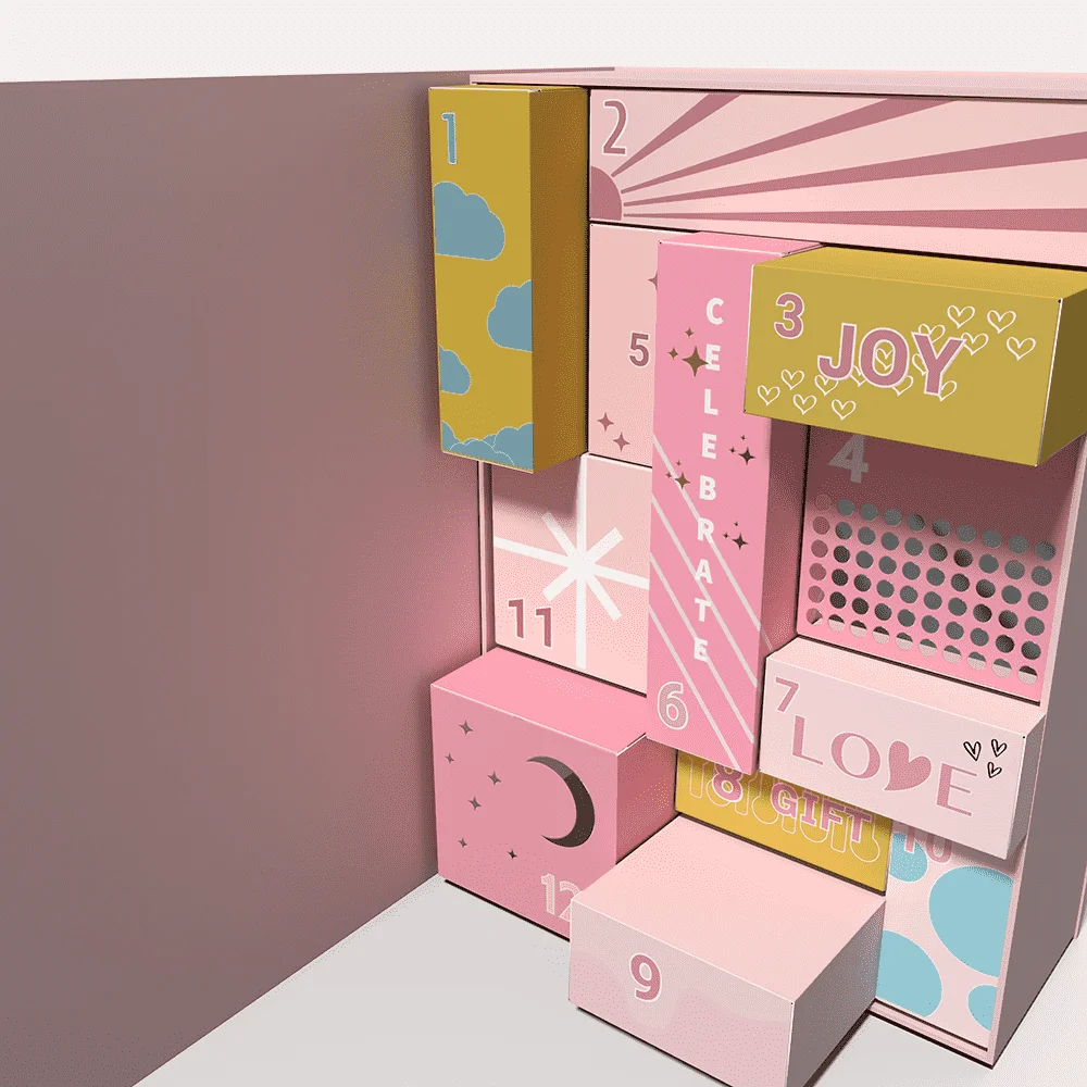 カスタムクエリカスタム空の化粧品アドベントカレンダーギフトボックスピンク段ボール紙箱高級アドベントカレンダーボックス12日間