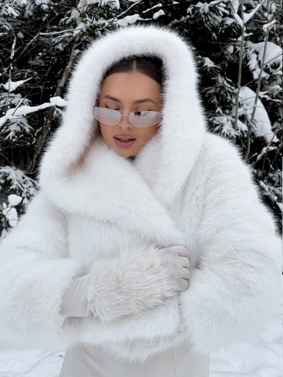 2026 Autumn Winter Women Faux Fur Jacket Hooded Lapel Collar Fluffy Long Hair Cropped White Coat