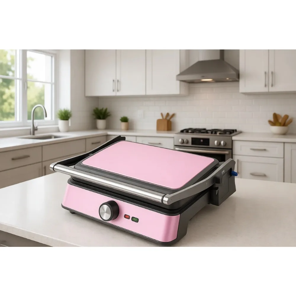Plancha de Contacto Retro 29x24cm 180 Grados 2200W con Temperatura Ajustable, Tostadora Panini Rosa