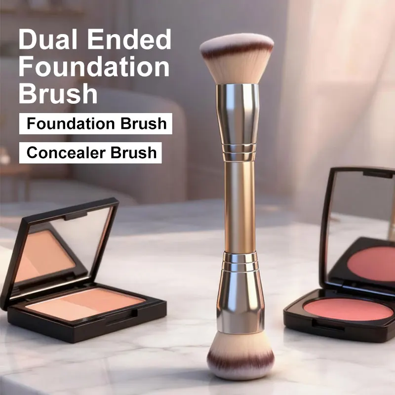 Dual Ended Foundation Brush for Liquid Powder Blush Concealer Contour, Professional Makeup Tool with Travel Pouch for Women Girl