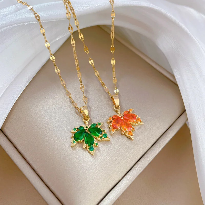 Fashion Romantic Acacia Cute Red Maple Leaf Necklace Korean Girly Temperament Versatile Green Clavicle Chain Gift