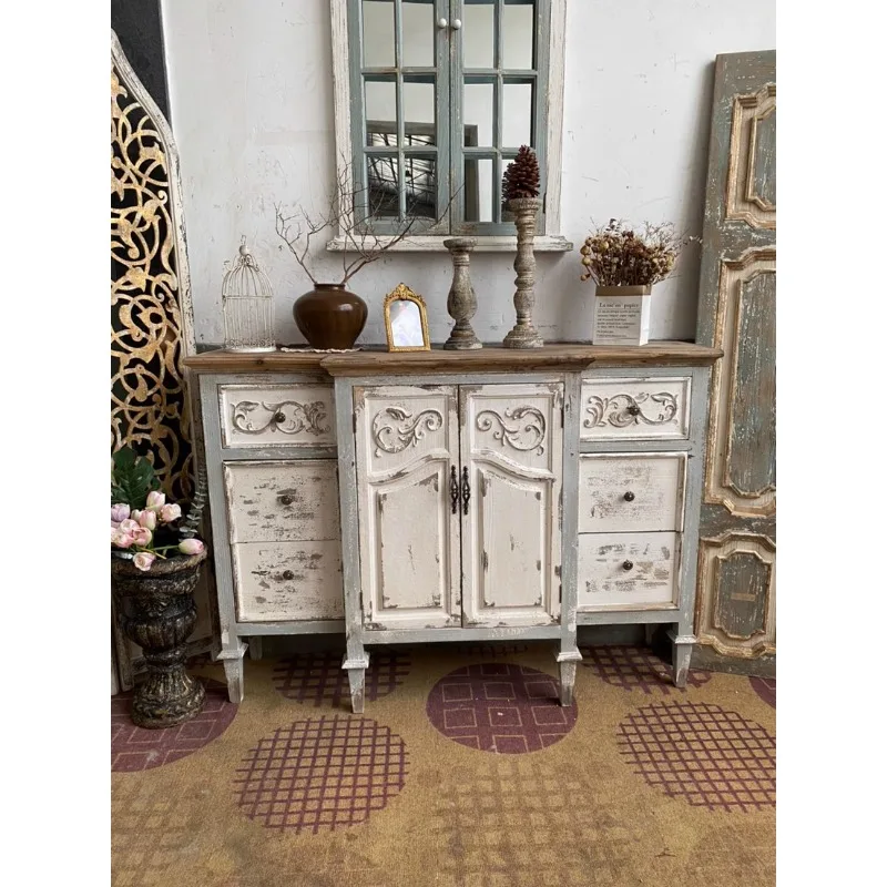 

European-style retro weathering effect embossed multi-drawn, multi-functional home sideboard, indoor living room, outdoor decora