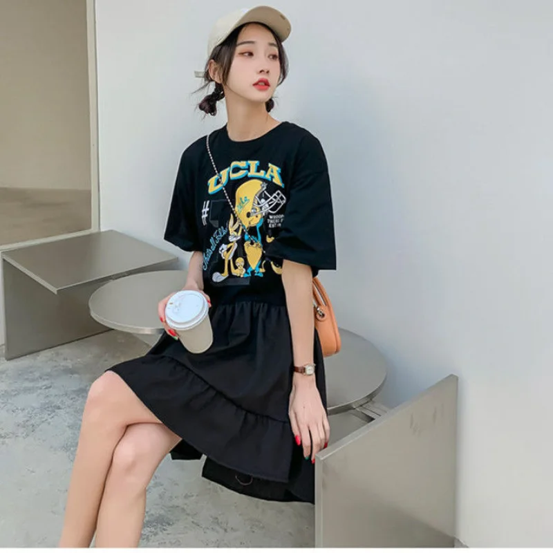 Sommer neue lose Kurzarm druck gekräuselte Kante T-Shirt Kleid solide unregelmäßige Mode Mini kleid koreanischen Trend Frauen Kleidung