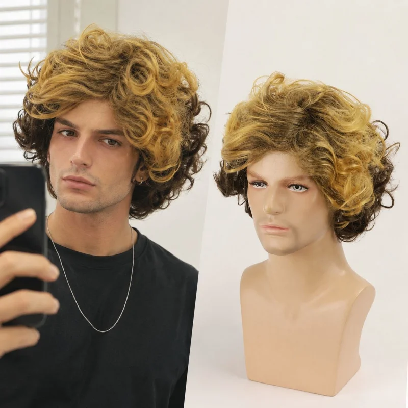 

New European and American men's , fluffy short curly hair, side-parted gradient color synthetic fiber wig
