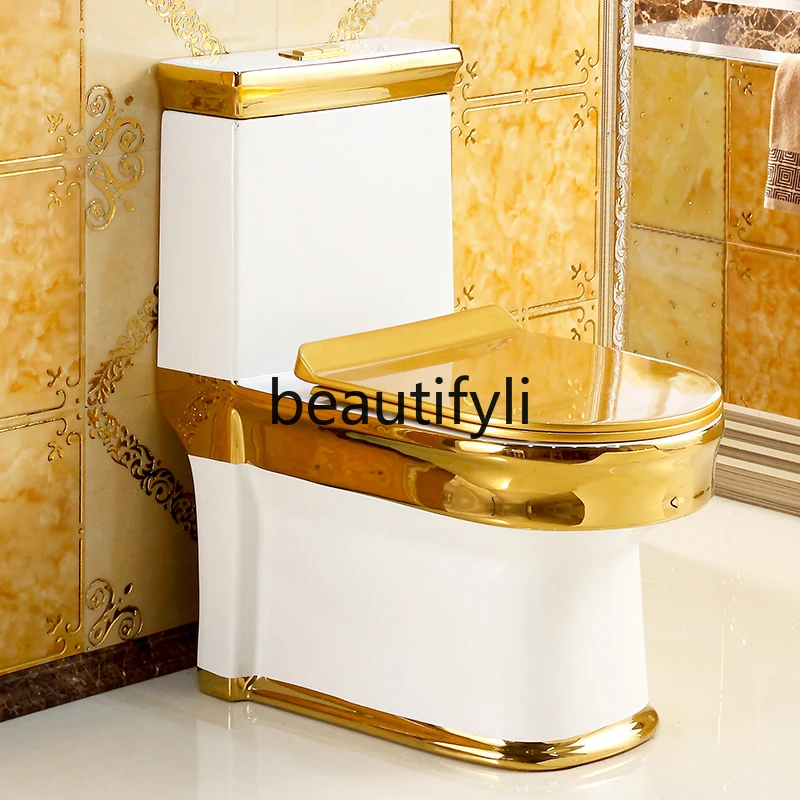 Luxury Gold Flush Toilet Siphon Water-Saving European Style Gold Line Ceramic Vintage Toilet