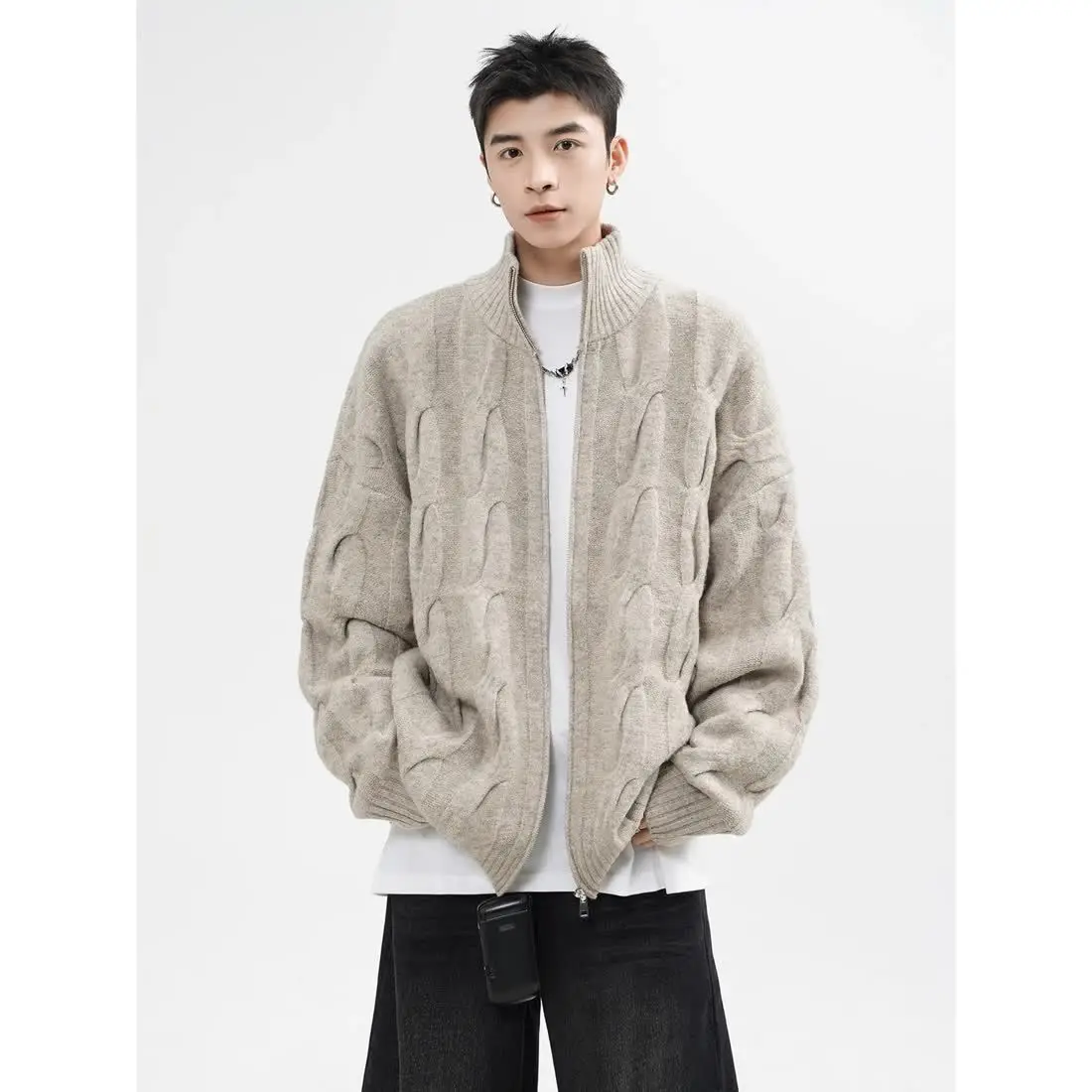 

Autumn and Winter American New Style Men and Women Trendy Personalized Stand up Collar Knitted Shirt Couple Loose Retro Simple