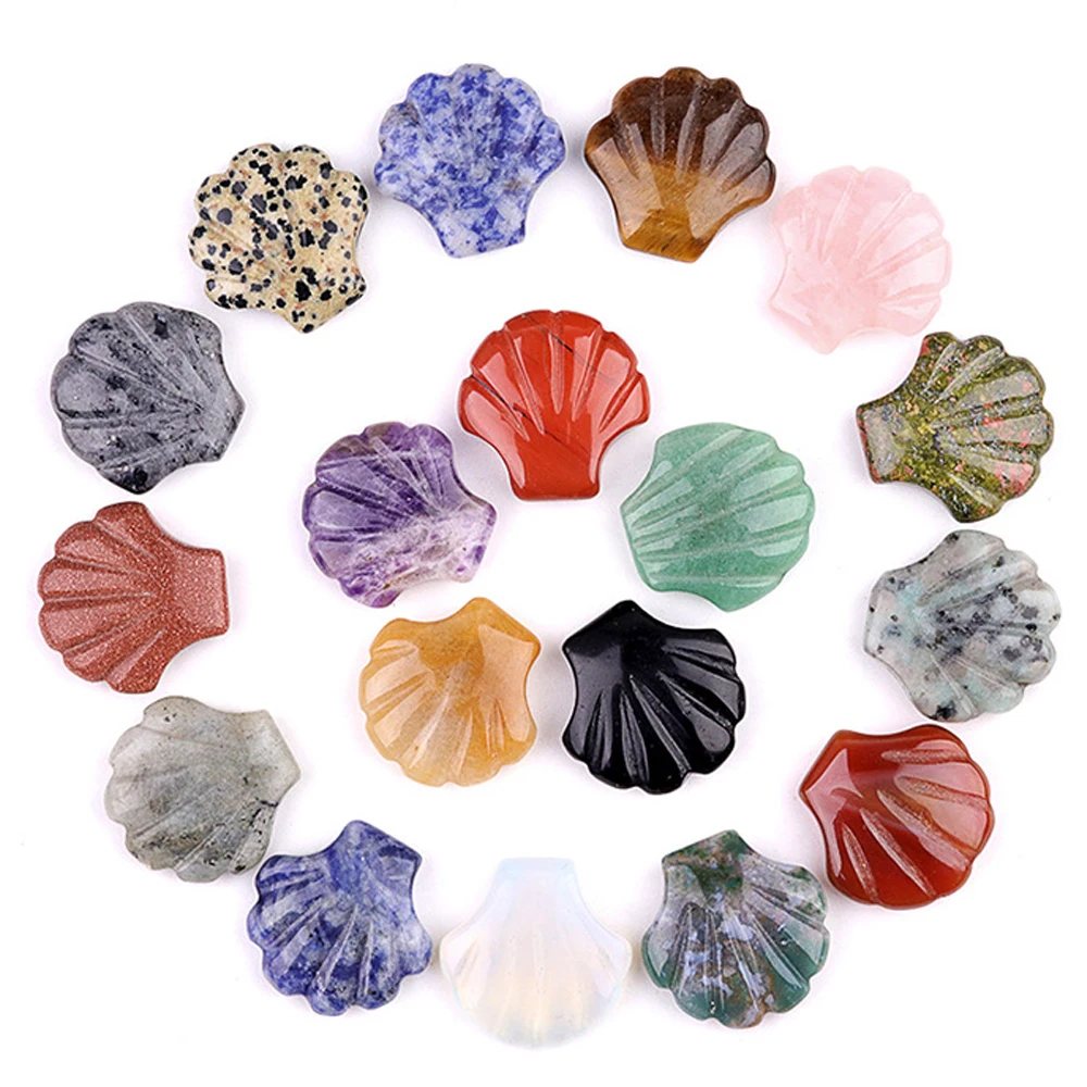 30mm Non-porous Large Shell Natural Crystal Amethysts Opal Tiger Eye Stone Seascape Micro Landscape Carving Shells DIY Ornaments