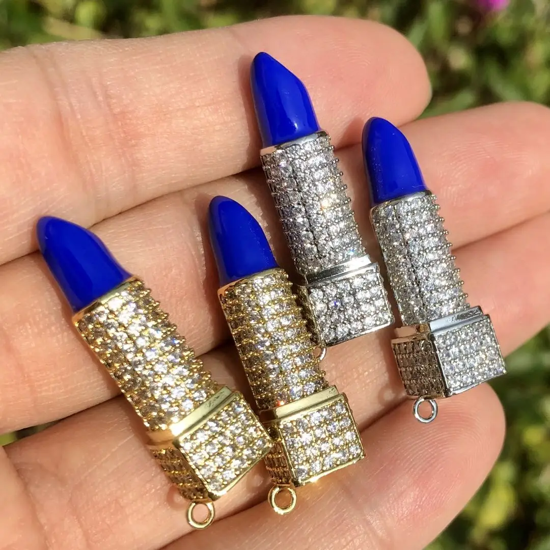 

5Pcs Cubic Zirconia Pave Blue Lipstick Pendant Charms For Women Necklace Bracelets Jewelry Making Accessories