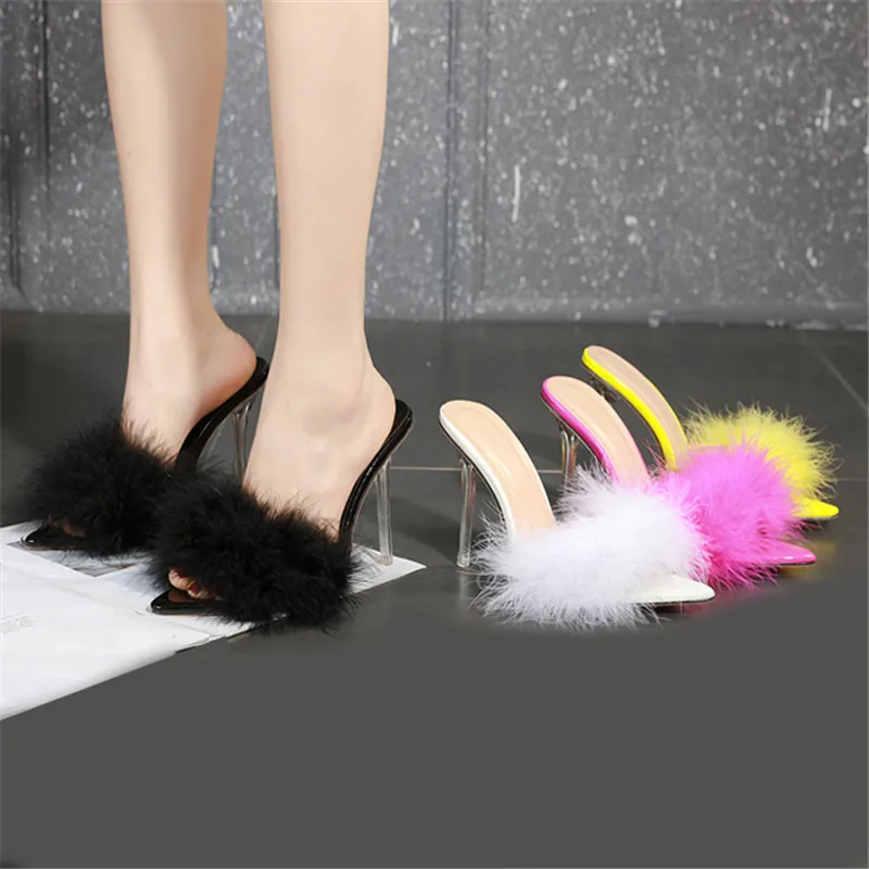 Summer Fur Slippers Fluffy Cute Plush Ladies Flip Flops Luxury Charming Home Outdoor Non-Slip Wear-Resistant High Heel Sandals