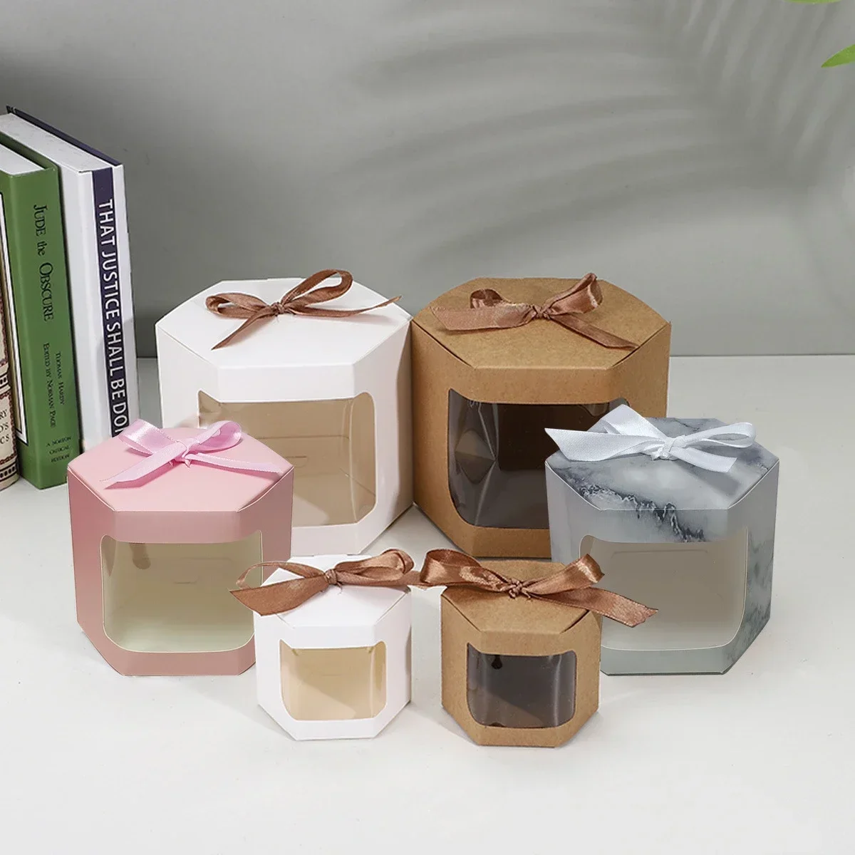 10pcs Hexagon Cake Box Packaging Paper Bags Candy Boxes Birthday Gift Box with Clear PVC Window Presents Flowers Sweets Packge
