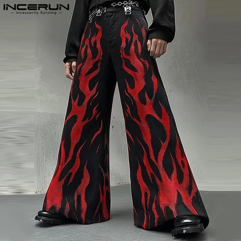 INCERUN American Fashon Printing Long Pants 2024 Men Casual Loose Simple Trousers Handsome Button Pockets Wide Leg Male Bottoms