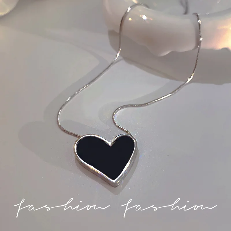 OIMG 316L Stainless Steel Gold Color Korean Sweet Balck Irregular Heart Big Pendant Necklace For Women Girls Temperament Gifts