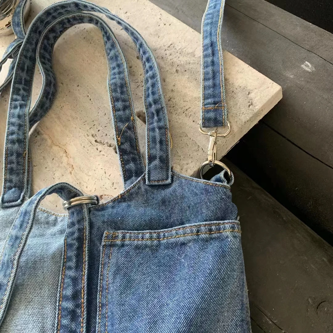 Tas Tote Denim wanita, tas selempang satu bahu kapasitas besar, tas Tote Denim kasual tangan mewah untuk wanita