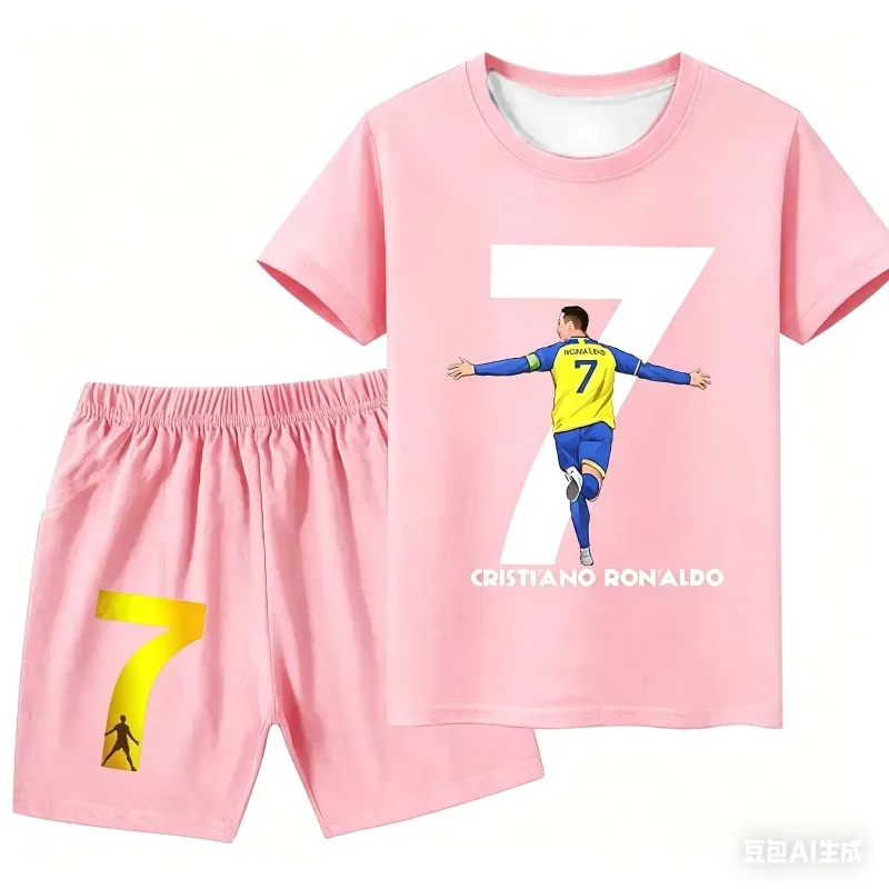 2026 New Summer Ronaldo Head Print #7 Adult and Children's T-shirt Set 3D Short Sleeve Shorts Boys and Girls Gift Football Shirt
