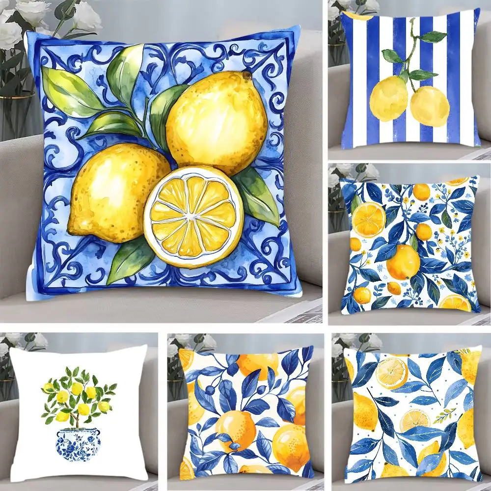 Blau getönter Aquarell-Zitronen-Kissenbezug, Anti-Dustmite-Kissenbezug, unsichtbarer Reißverschluss, seidiger kurzer Plüsch-Sofa-Kissenbezug