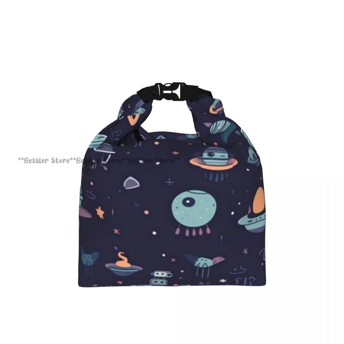 Foldable Roll-Top Thermal Lunch Bag Planets Stars And Spaceships Insulation Lunch Box Carrier for Picnic Hiking