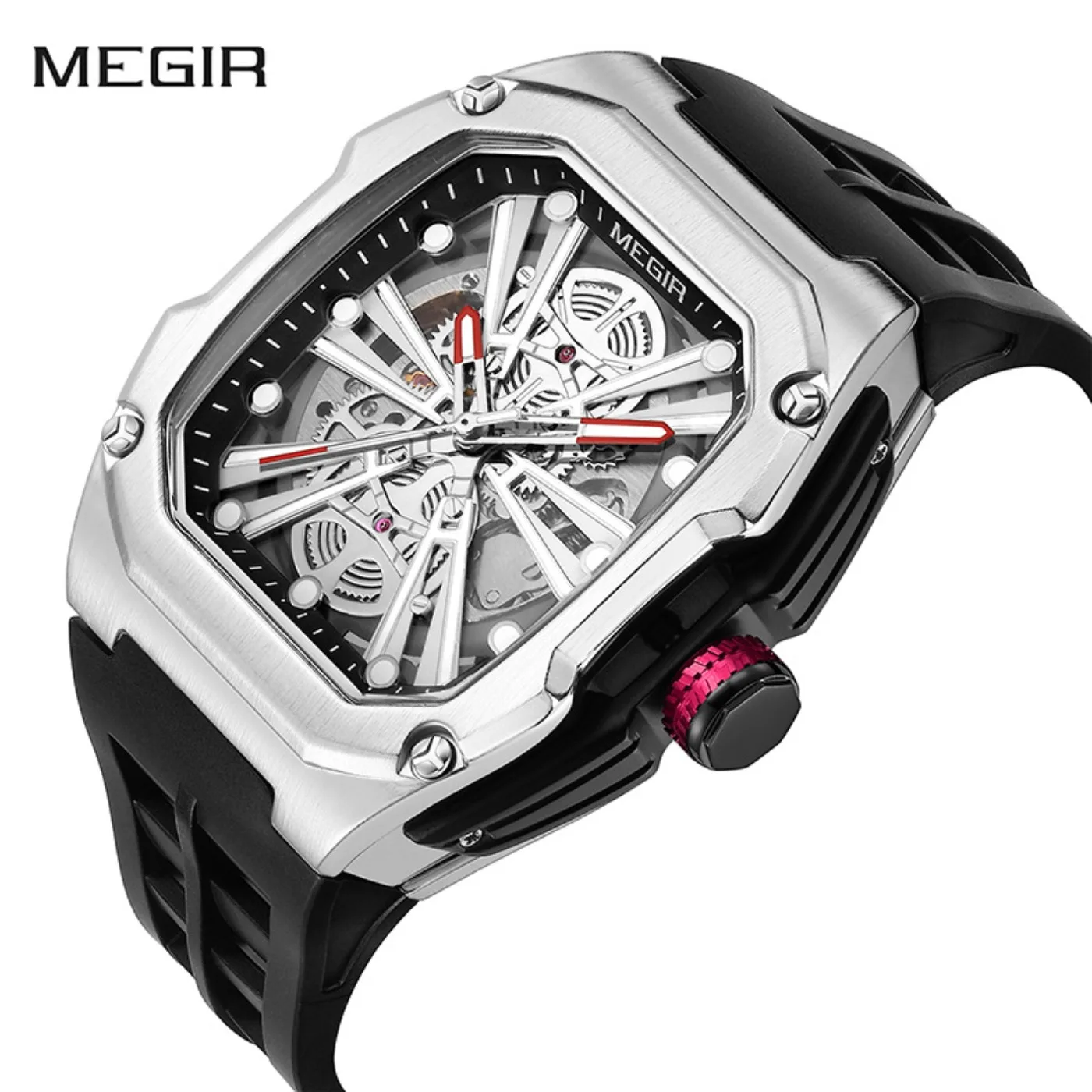 MEGIR Barrel-type Hollow Mechanical Watch Men's Automatic Bottom-penetrating Silicone Strap Watch 8607 Gifts
