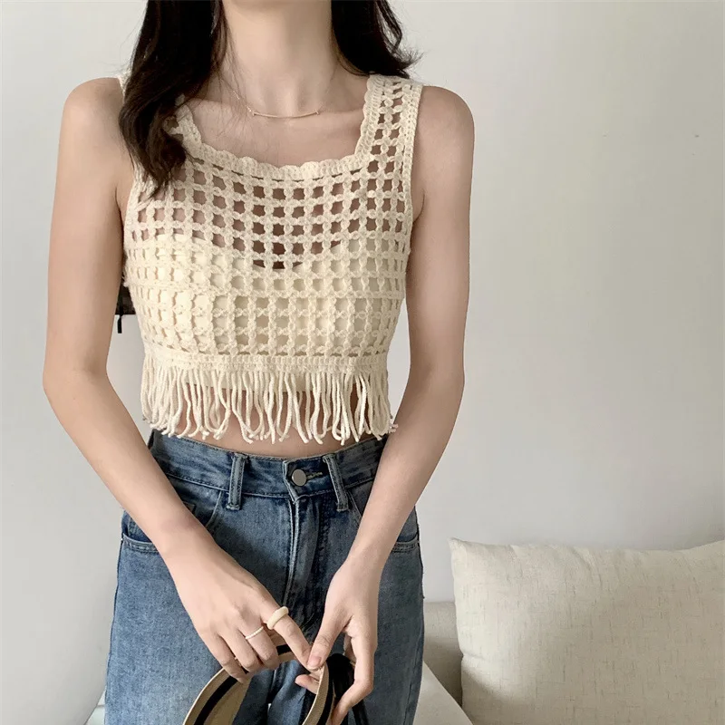 

Bohemian Hollow-Out Blouse Short Women'S Summer Tassel Knitted Camisole Woven Petite Top