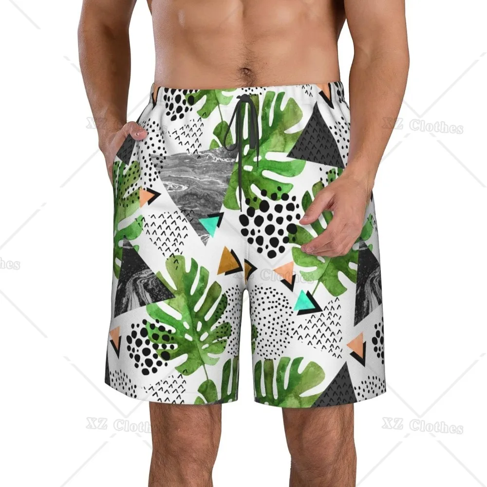 Geometric Figure with Leaves Beach Board Shorts for Men Swim Trunks Swimwear Bathing Suit with Mesh Lined and Pockets