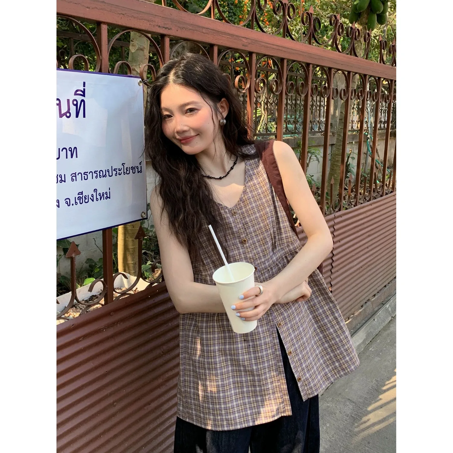 

Retro Korean Style Summer 2026 Plaid Sleeveless Vest Casual Belly Cover Slim Fit Top Women's Shirt V-neck Mid-length
