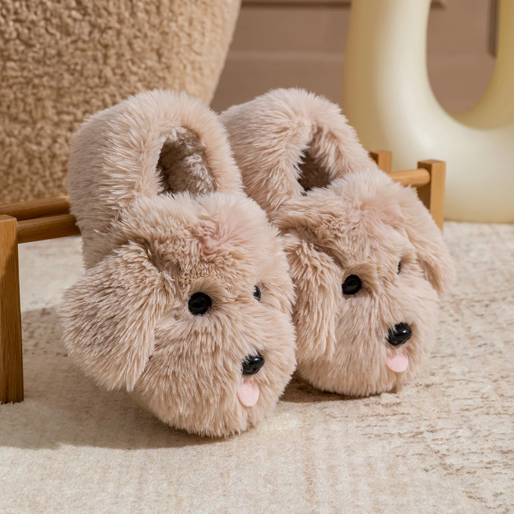 

Cute Dog Slippers for Couples Plush Fleece Lined Non-Slip House Indoor Shoes Winter Warm Cartoon Animal Slides Comfortable