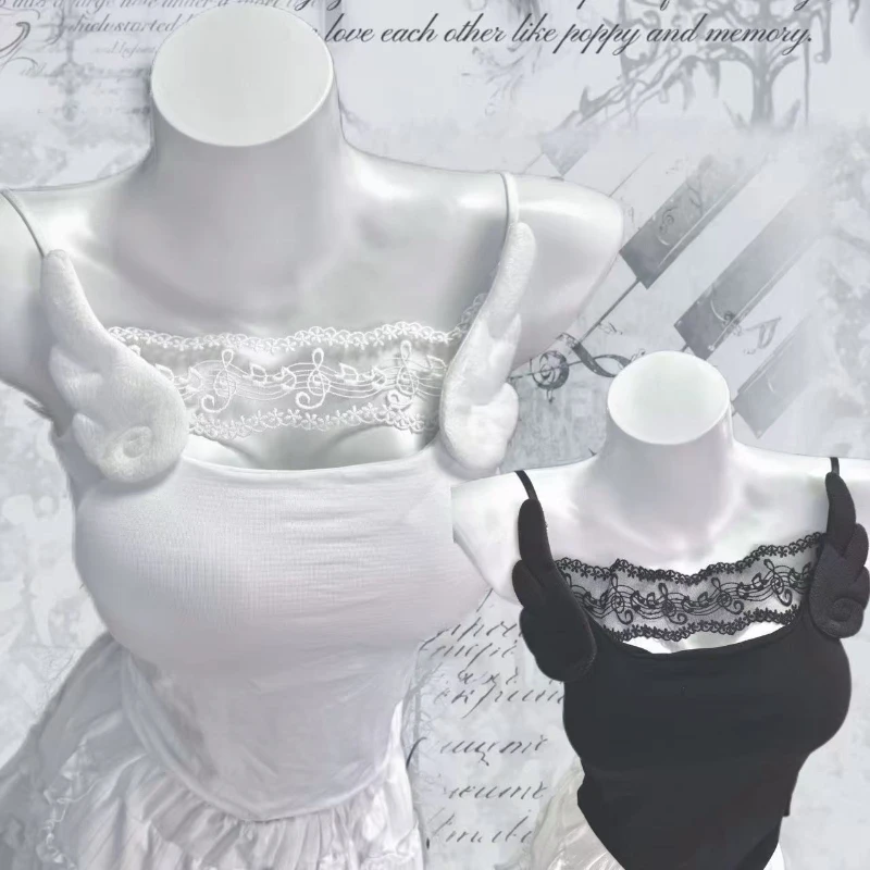 Gothic Lolita Tunic Korean Vest Womens Lace Notes Angel Wings Crop Tops Fashion Camis Y2k Clothing Casual Sweet Tank Ropa Mujer