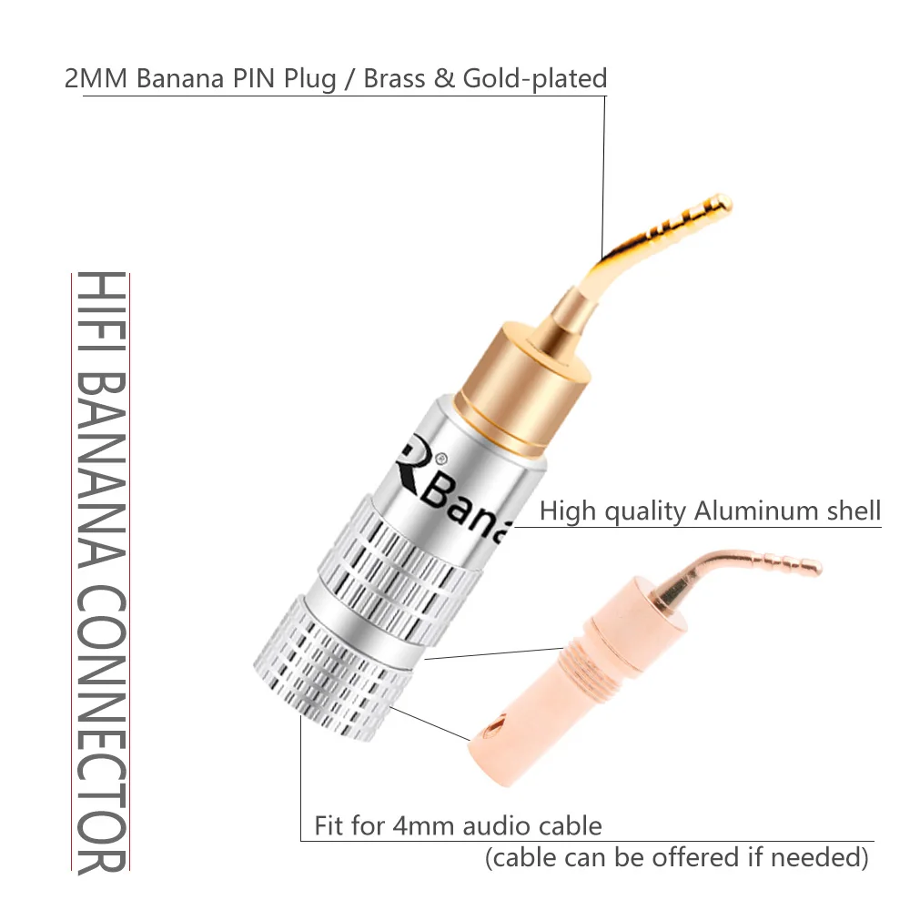 2pcs/1pair Gold Plated 4mm Banana Plug 2mm Pin Type Audio Speaker Wire Cable Adapter Banana Connector for Musical HiFi Audio