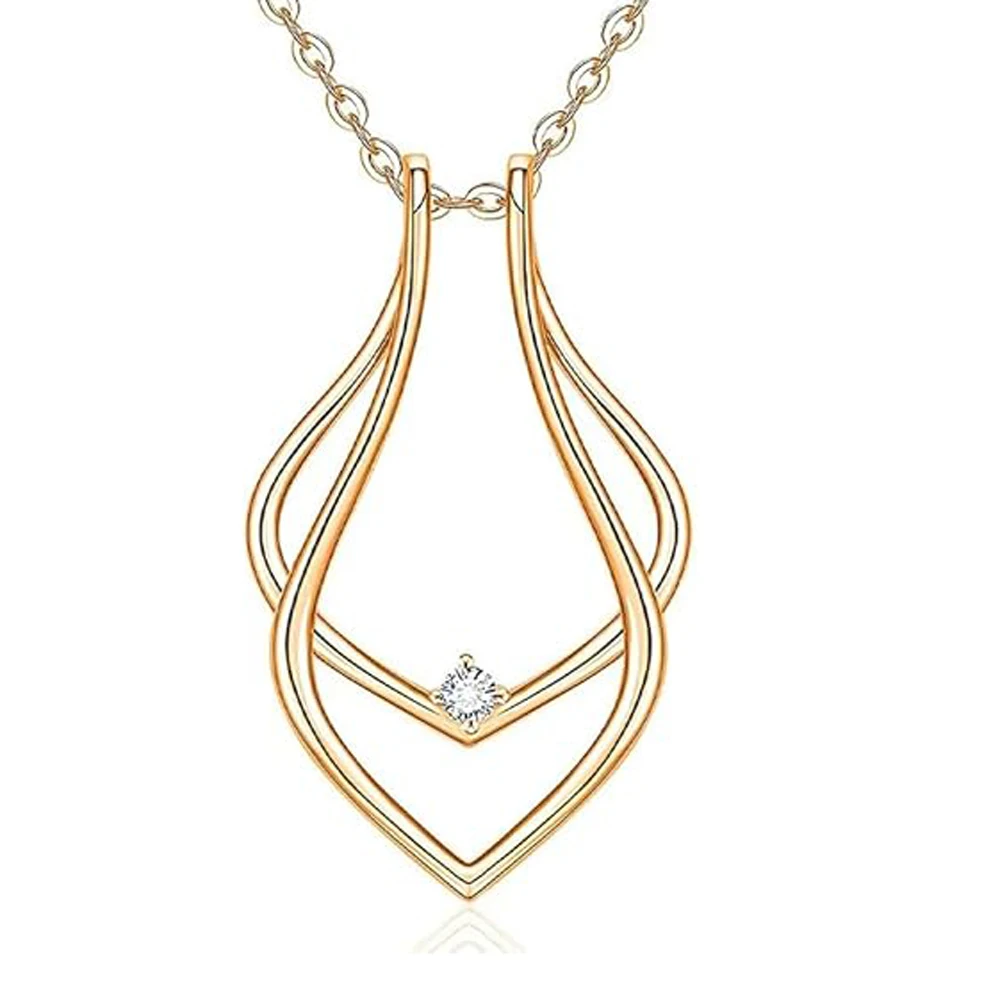 Stainless Steel Waterdrop Ring Holder Necklace For Women Men Cubic Zirconia Ring Keeper Necklaces Jewelry For Wife Girlfriend