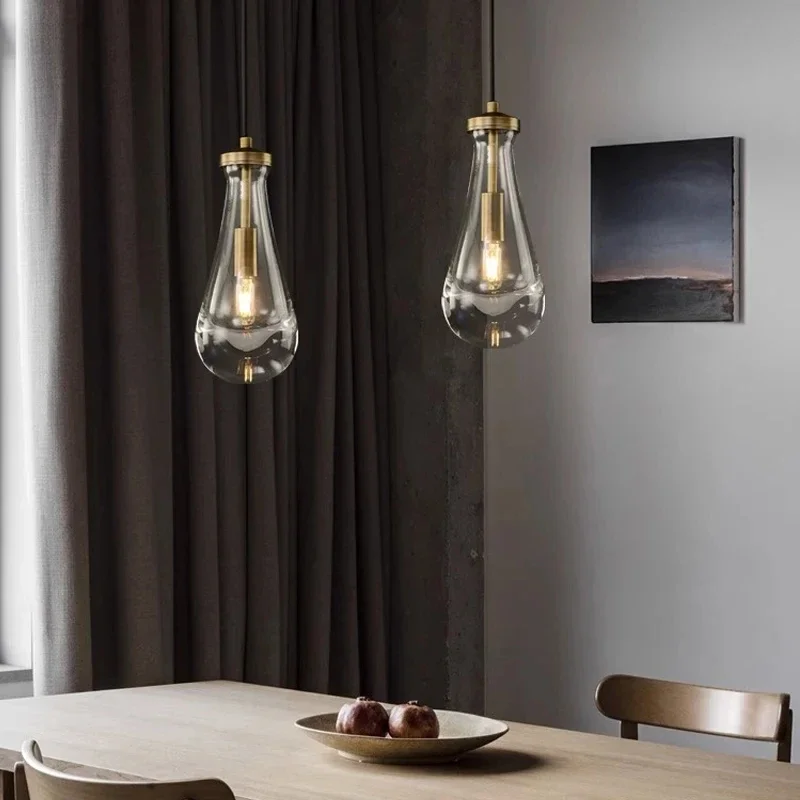 New Copper LED Pendant Light Modern Lobby Waterdrop Glass Light, Home Decoration, Hotel Villa Glossy Staircase Ceiling Lamps