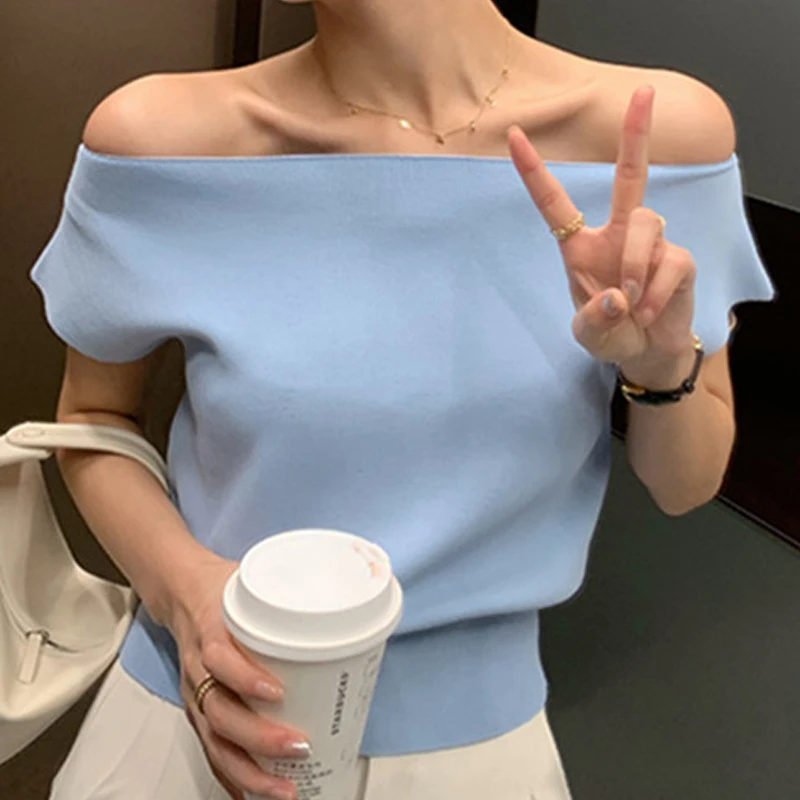 Casual Short Sleeve Thin Knitted Blouse Summer New Ice Silk Shirt Elegant Loose White Sexy Tops Fashion Slash Neck Clothes 25522