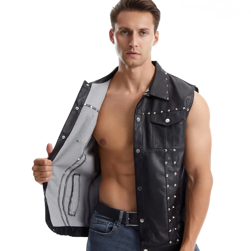 Men's Punk Style Hip Hop PU Vests With Rivet Fashion High Street Leather Waistcoat Slim Fit Motorcyle Biker Sleeveless Jacket