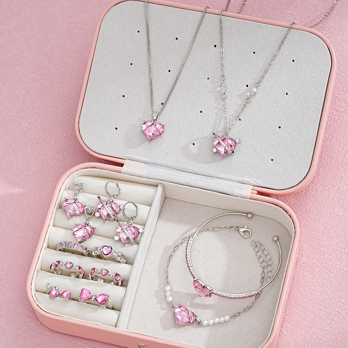 14 PCS Pink Craystal Heart Pendants Necklace Earrings Ring Bracelet Sets For Women Girl Fashion Jewelry Set Wedding Jewelry Gift