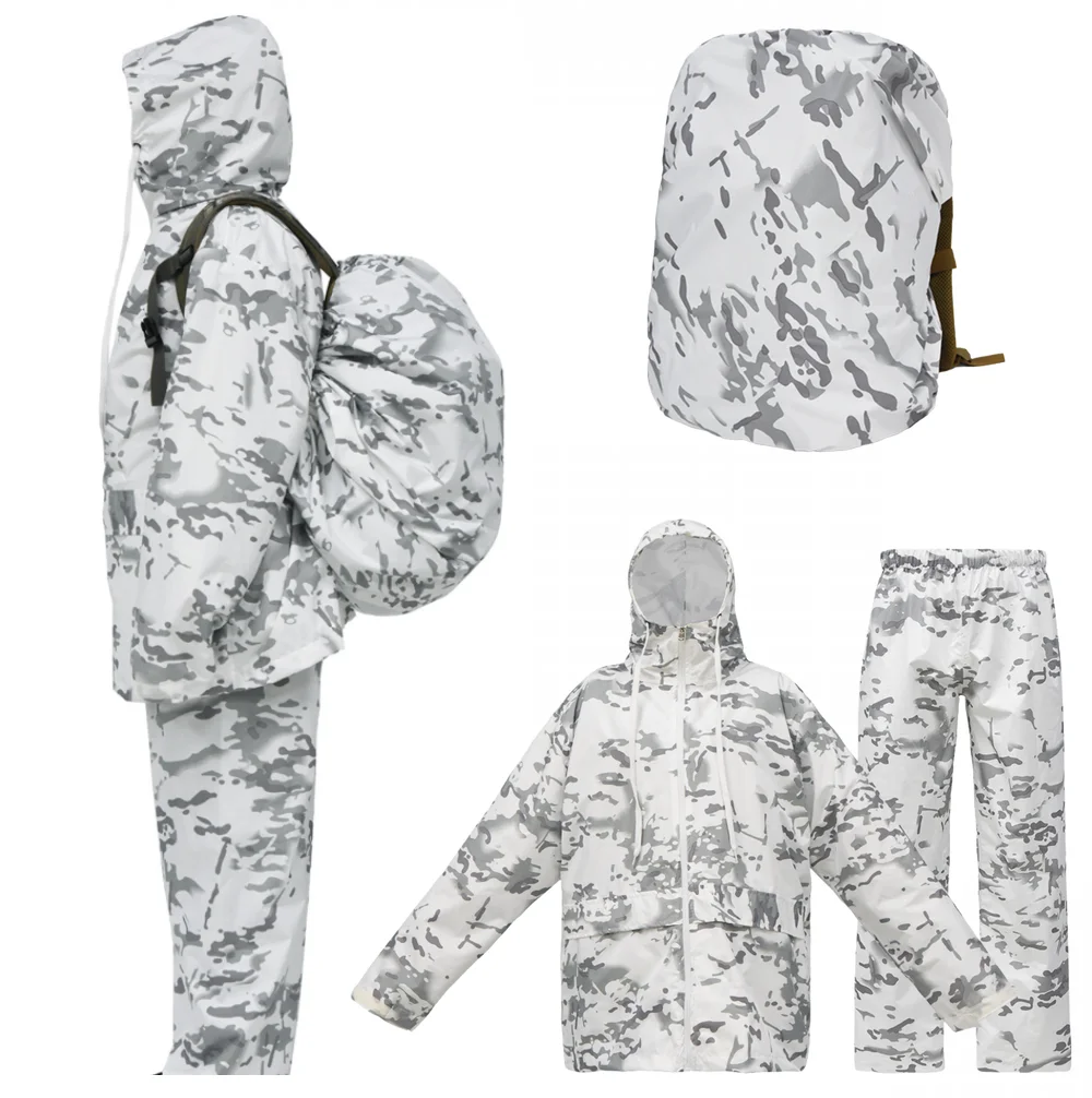 Snow Camouflage Folding Raincoat Set Portable Travel Rain Suit Hunting Poncho Waterproof Goods for Fishing Storm Jacket