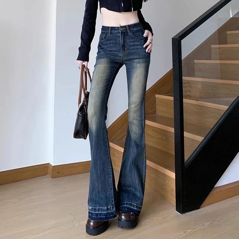 Pantalones vaqueros acampanados Retro para mujer, Jeans elásticos ajustados, parte inferior de campana, Vintage, azul, americano, Y2k, 2000s, nuevo