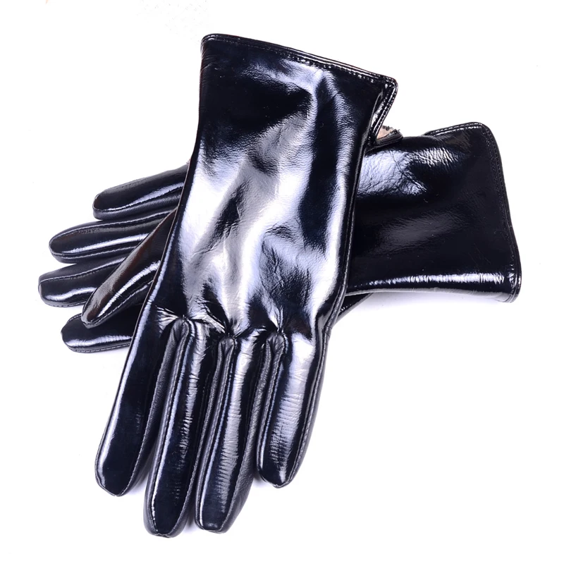 Women\'s Ladies Real Patent Leather Shiny Black Woolen Lining Winter Warm Touch Screen Short Gloves