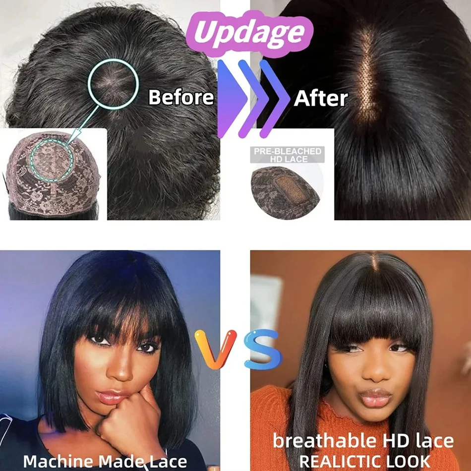 3x1 HD Lace Closure Wig Human Hair Straight Bob Wigs With Bangs Glueless Wig Wear And Go Full Machine Made Fringe Short Bob Wigs