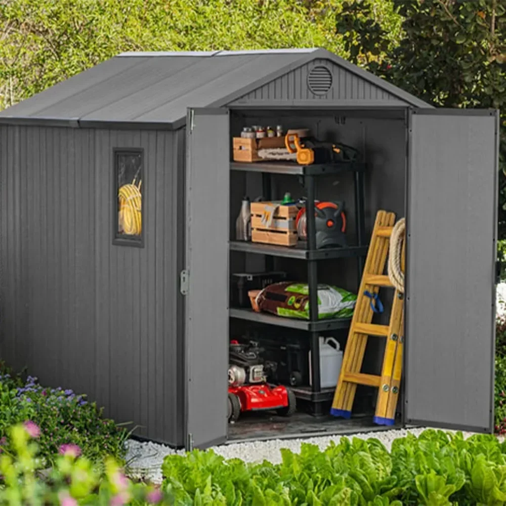 All-Weather Resin Storage Shed with Double Locked Doors, Flooring, Built-in Ventilation, Graphite Gray, 6x8 Foot