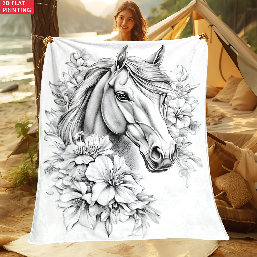 Unique Horse and Flower Illustration Throw Blanket Bohemian Art Home Decor Gift for Farmhouse Cottage Couch Accent Cozy
