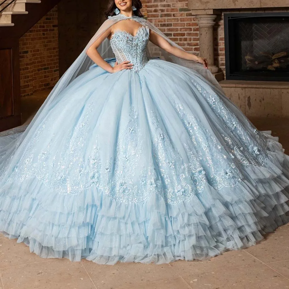 Customized Sky Blue Quinceanera Dress with Cape Crystal Embellished vestidos de 15 quinceañera Lace Appliques Ball Gown with Bow